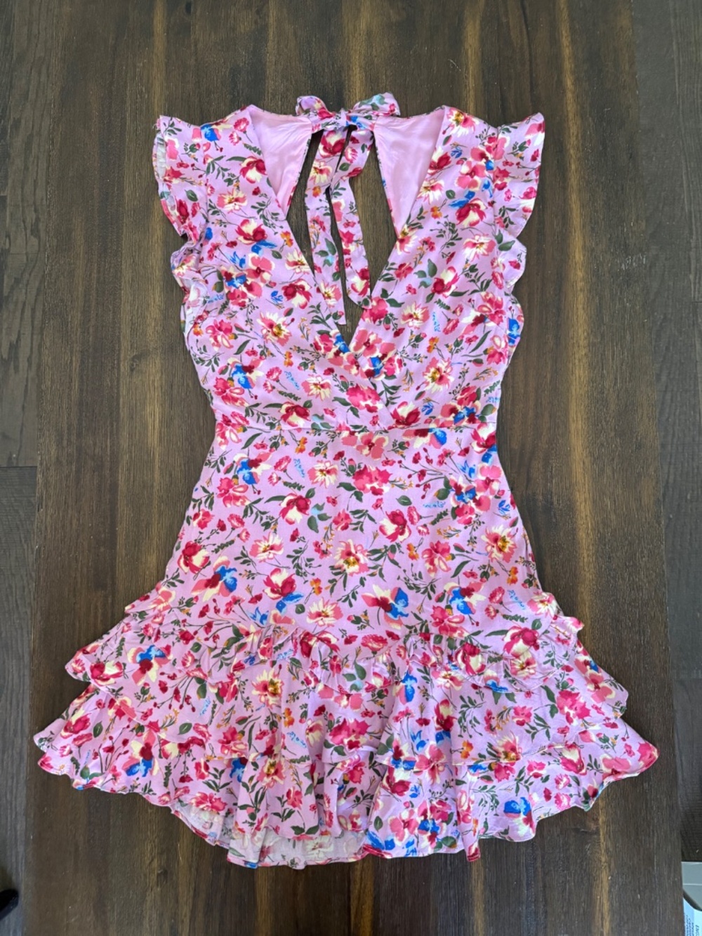 Hello Molly NWT Pink Floral Ruffle Mini Dress Open Back Tie Flutter Sleeve US 4 - Picture 3 of 16